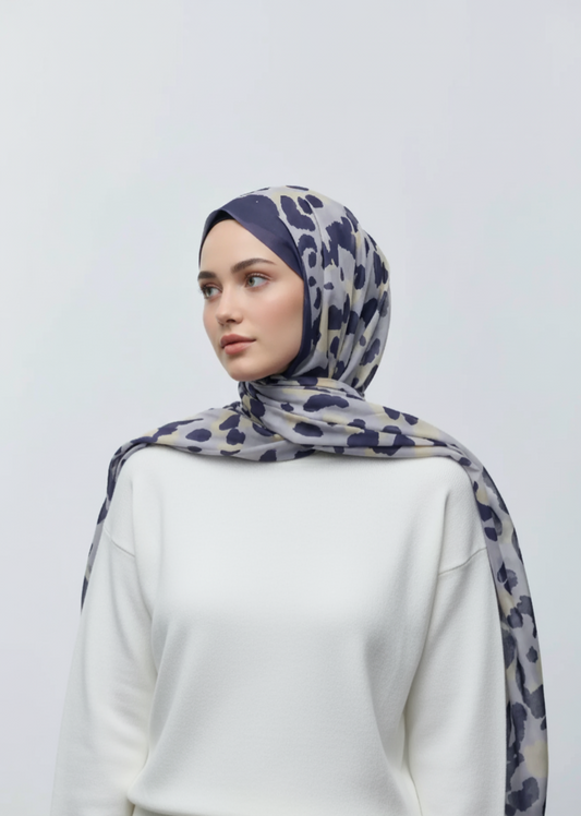 Leopar Desen Aya Şal-Morcivert