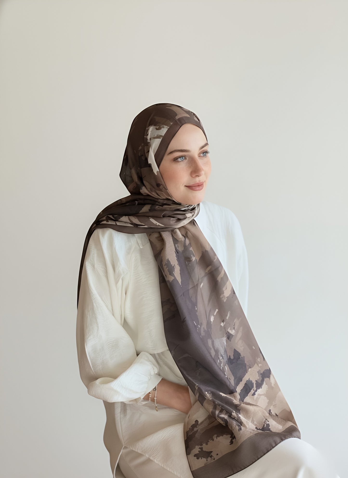 Okyanus Desen Lina Şal - Tozlu Kahve