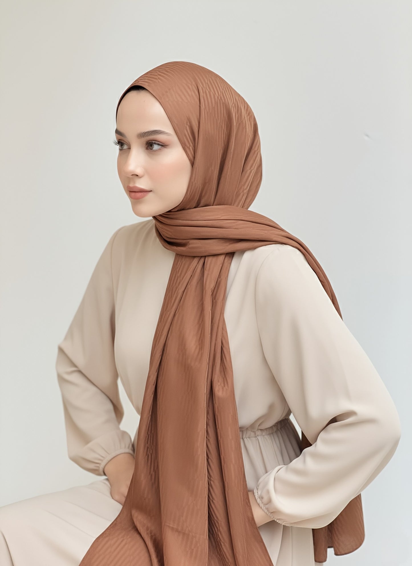 İpeksi Jakar Serisi Chevron Desen Şal -Kahverengi