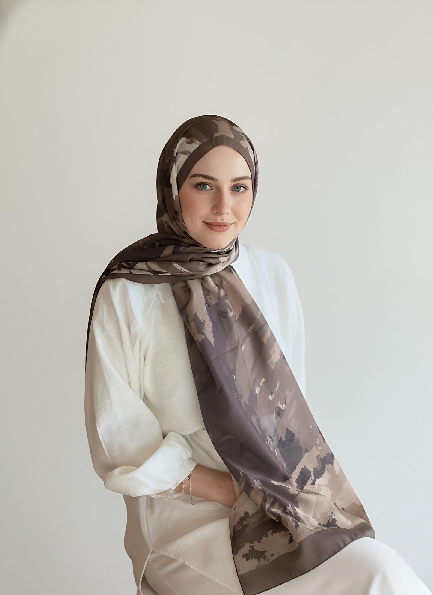 Okyanus Desen Lina Şal - Tozlu Kahve