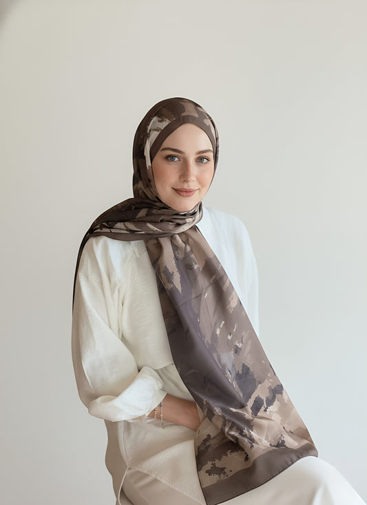 Okyanus Desen Lina Şal - Tozlu Kahve
