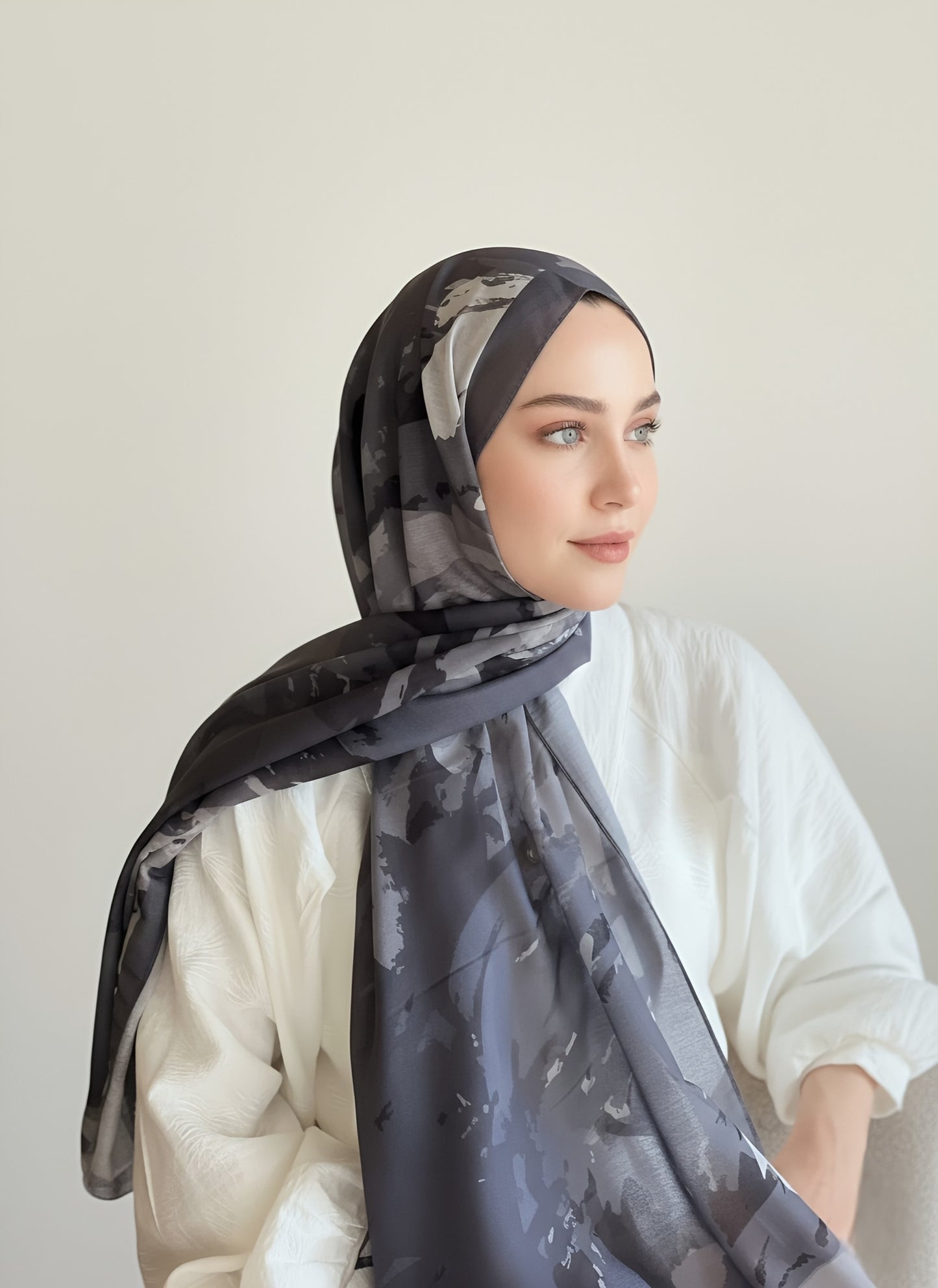 Okyanus Desen Lina Şal - Koyu Gri