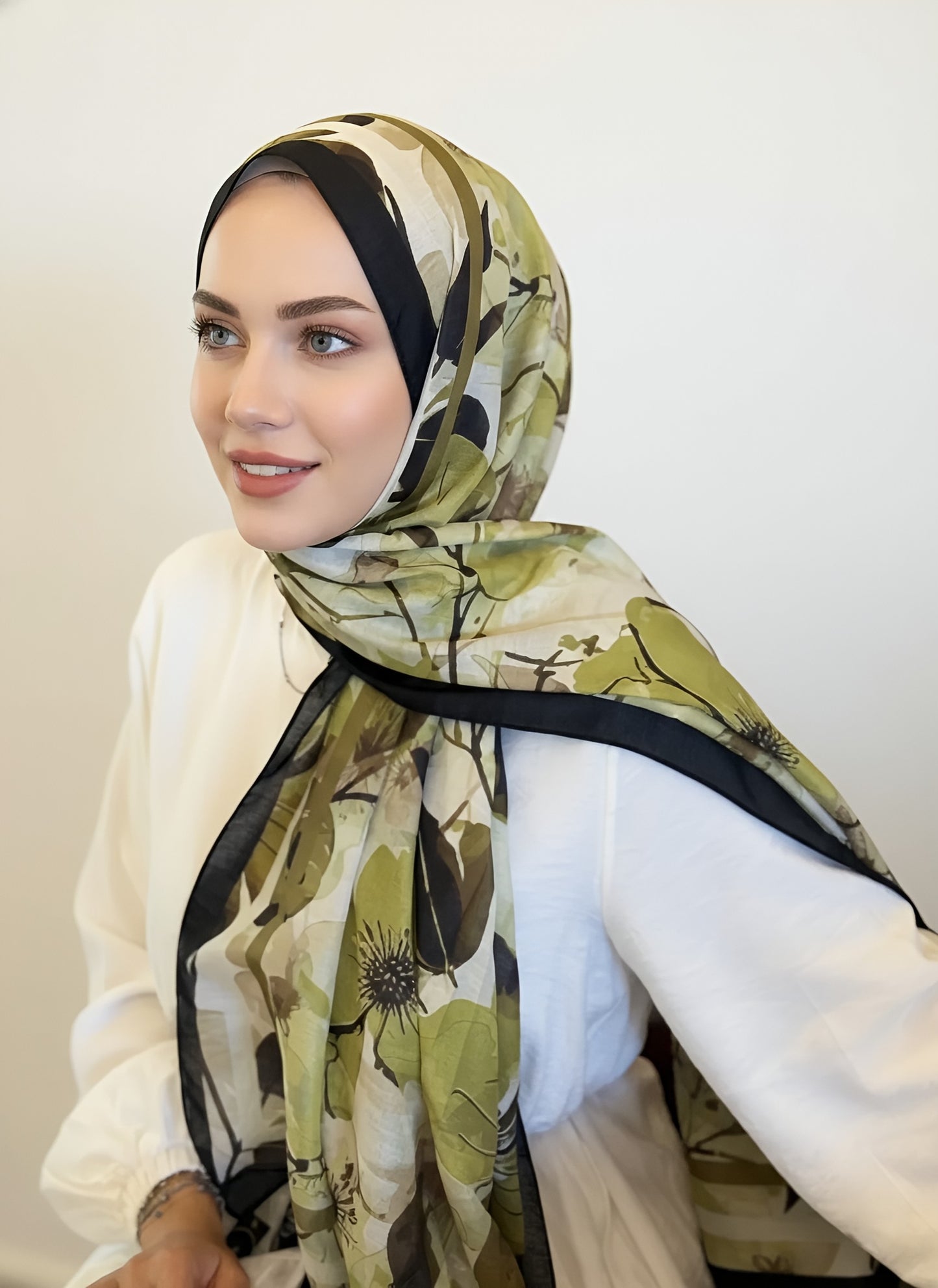 Navelya Desen Lina Şal - Siyah-Yağ Yeşili